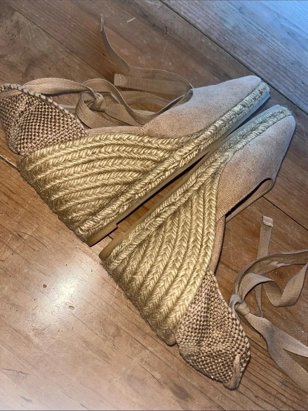Castaner Taupe / Tan Canvas Espadrille Wedge with Ankle Tie